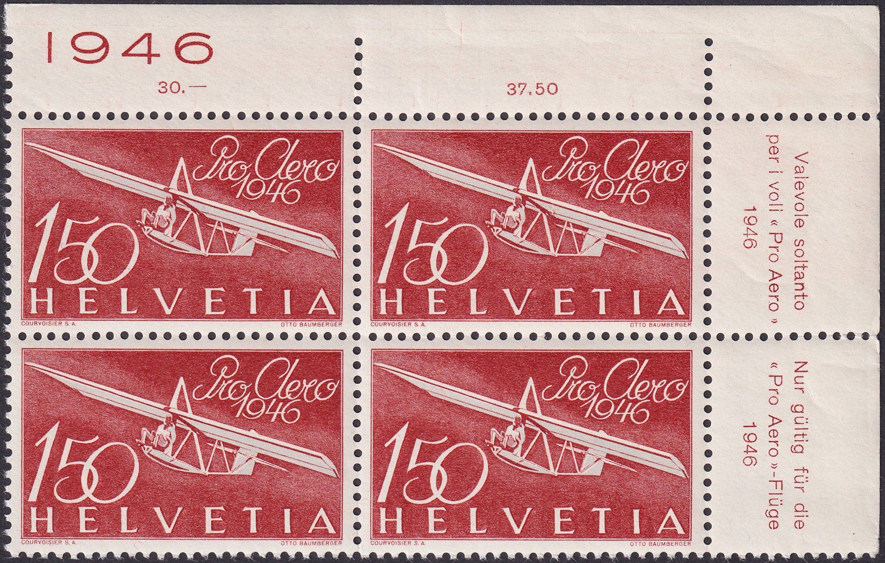 Tutti i francobolli: 1946, F41 Viererblock postfrisch ** Flugpost, Kat: 200.-+ – Usato da Sursee venduto da Luzernerraute