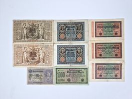 Reichsbanknoten-Set mit 9 Originalnoten 1910-1923
