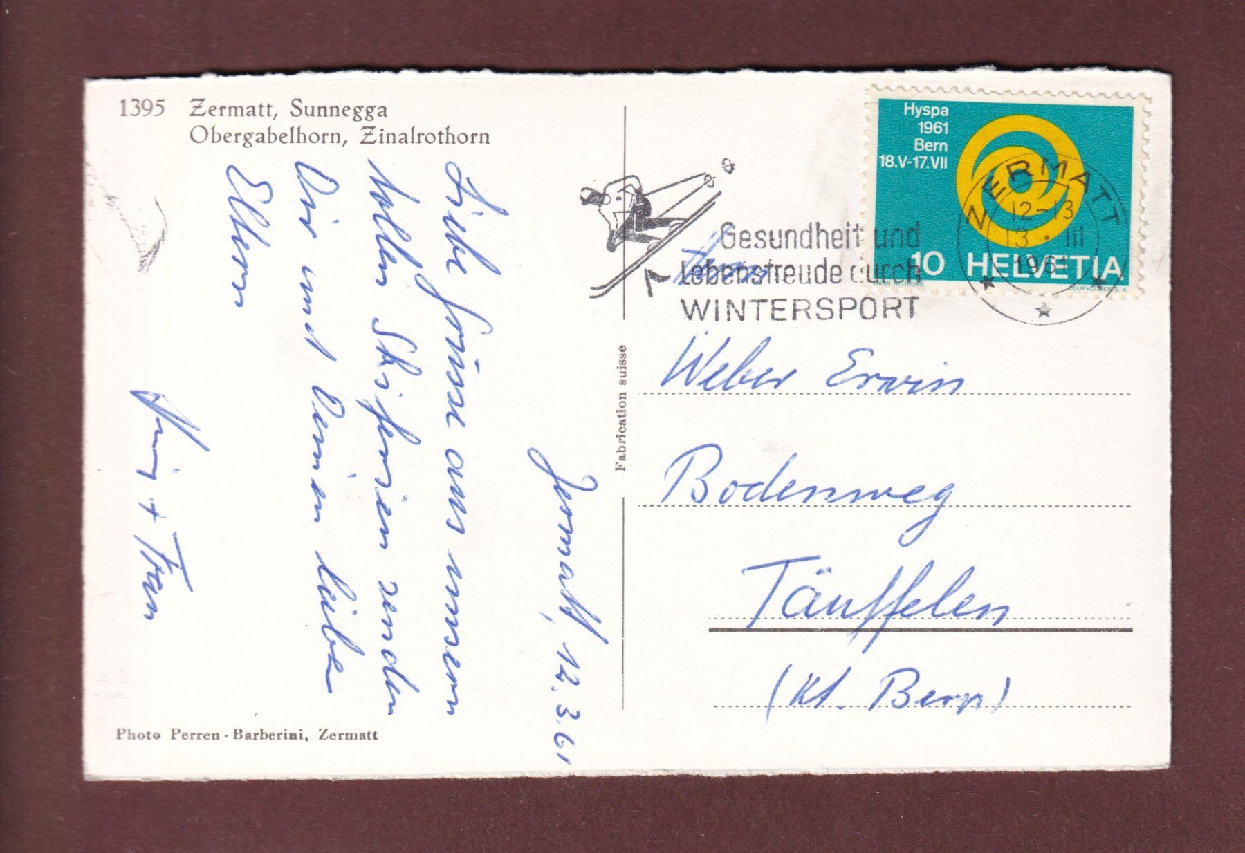 Cartes postales: Zermatt - SUNNEGGA - 1961 – D'occasion à Pully par nicecards-shop 1
