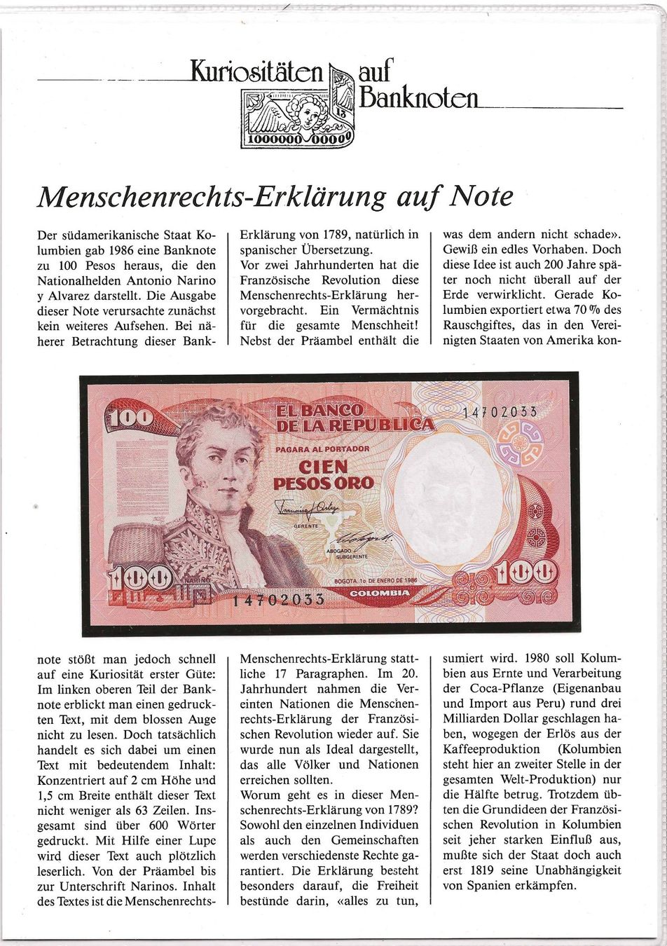 Banconote: Banknote Kolumbien 1986 – Usato da Zürich venduto da Philacat11