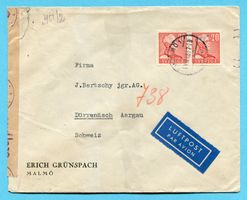 Zensurbrief von Malmö nach Dürrenäsch 1943