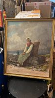 Tableau ancien : Paysanne au bord de l'eau -HUILE SIGNÉE