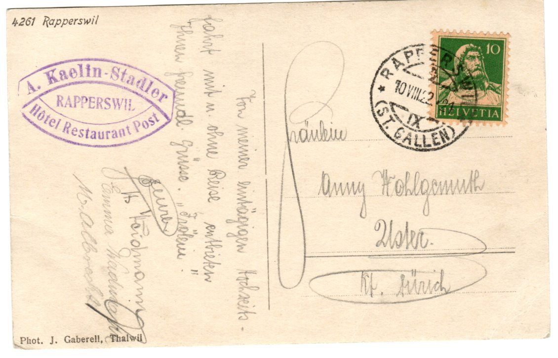Cartoline postali: Rapperswil 1922 gestempelt Hotel Restaurant Post – Usato da Zürich venduto da Sion2006 1
