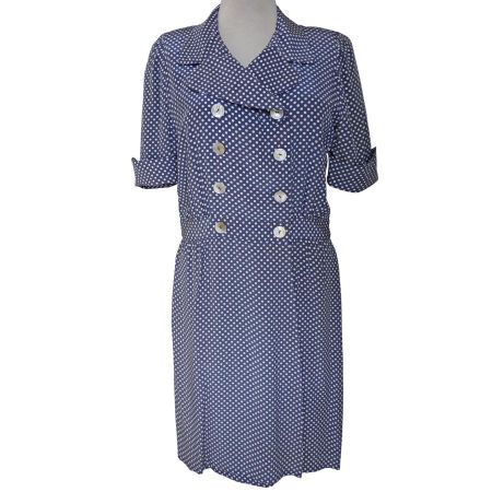 Kleid Gr. L/XL 100% Seide Zweireiher blau Dots VINTAGE 1980s