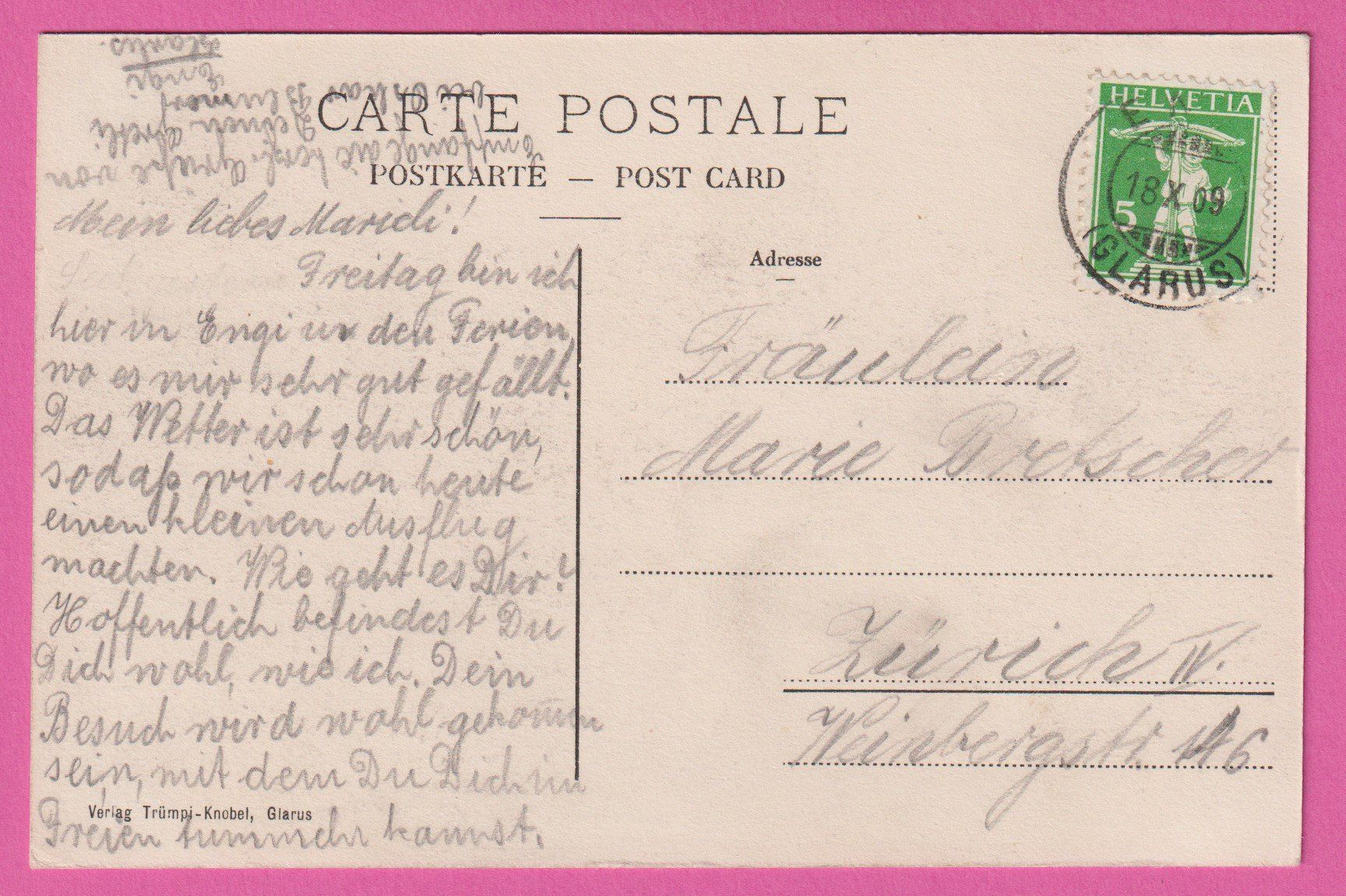 Ansichtskarten: Engi gel 1909 Hinterdorf – Gebraucht aus Einsiedeln von dillie 1