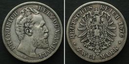 ANHALT 2 Mark 1876 A, FRIEDRICH I. Silber SELTEN! ss+