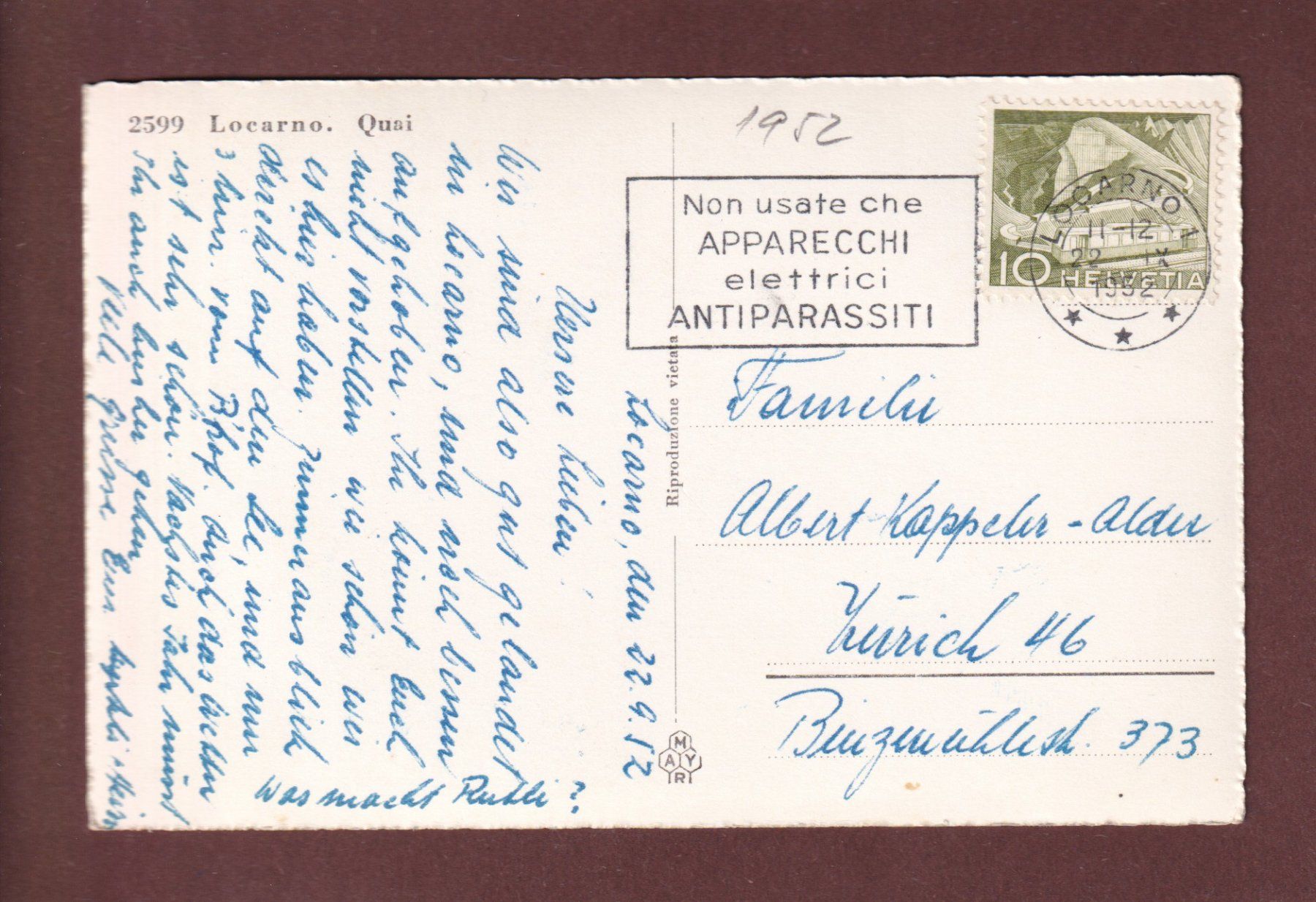 Cartoline postali: LOCARNO - Quai - 1952 – Usato da Pully venduto da nicecards-shop 1