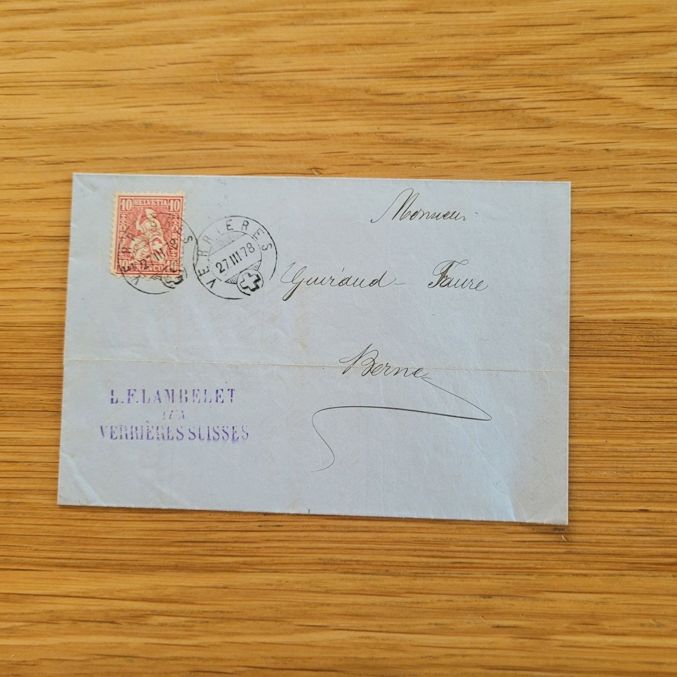 Tous les timbres: Document Verrières 1878 Bern L.F.Lambelet – D'occasion à Biel/Bienne par Destockweb