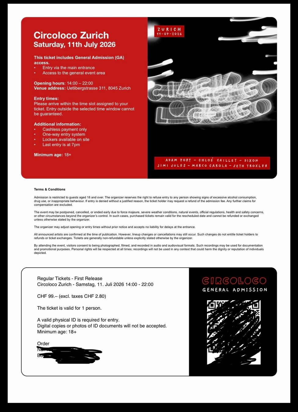 Billets: circoloco zürich ticket -entry bis 7pm – D'occasion à glattbrugg par evoli09