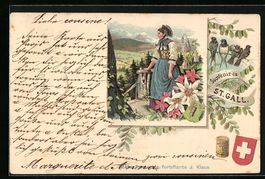 Litho St. Gallen, Frau in Schweizer Trac