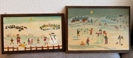 Zwei Winterbilder Kinder Spielen Schi Langlauf 1993