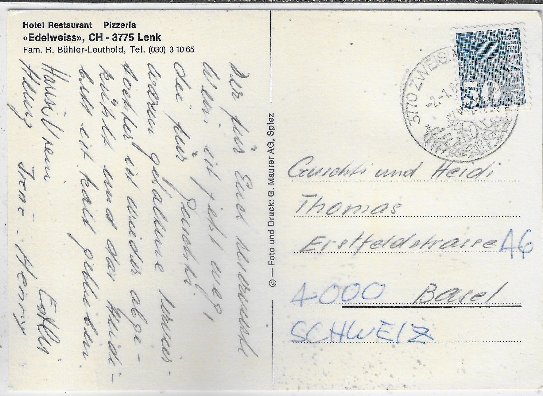 Cartoline postali: Hotel Restaurant Pizzeria "Edelweiss" Lenk – Usato da Ettingen venduto da Kartenplanet 1