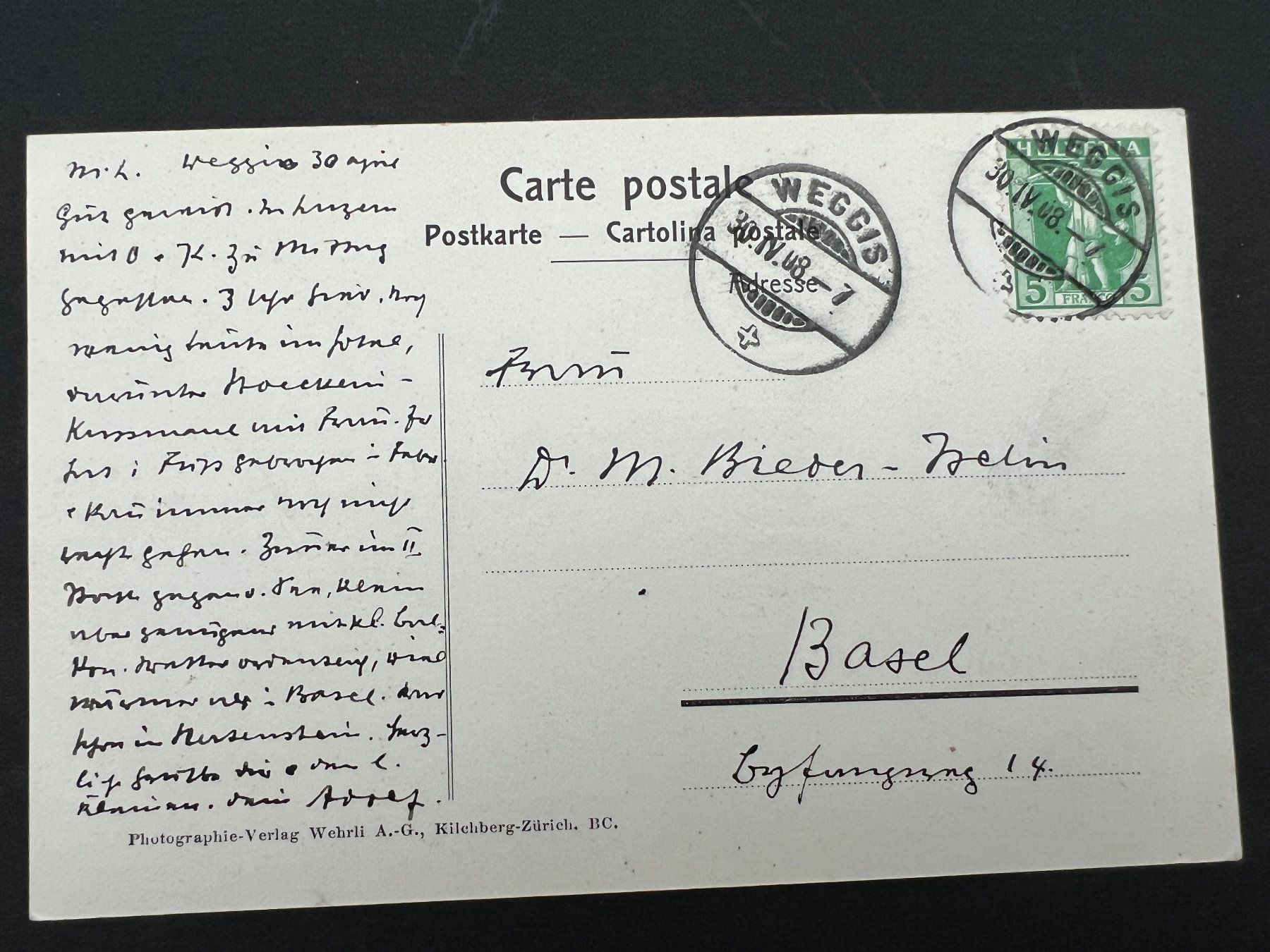 Ansichtskarten: Postkarte Weggis und Rigi  1908 (P31) – Gebraucht aus Hinwil von Sidi4 1