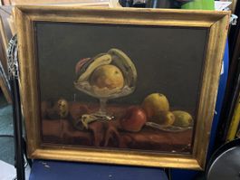 Nature morte peinture à l'huile sur panneau signée
