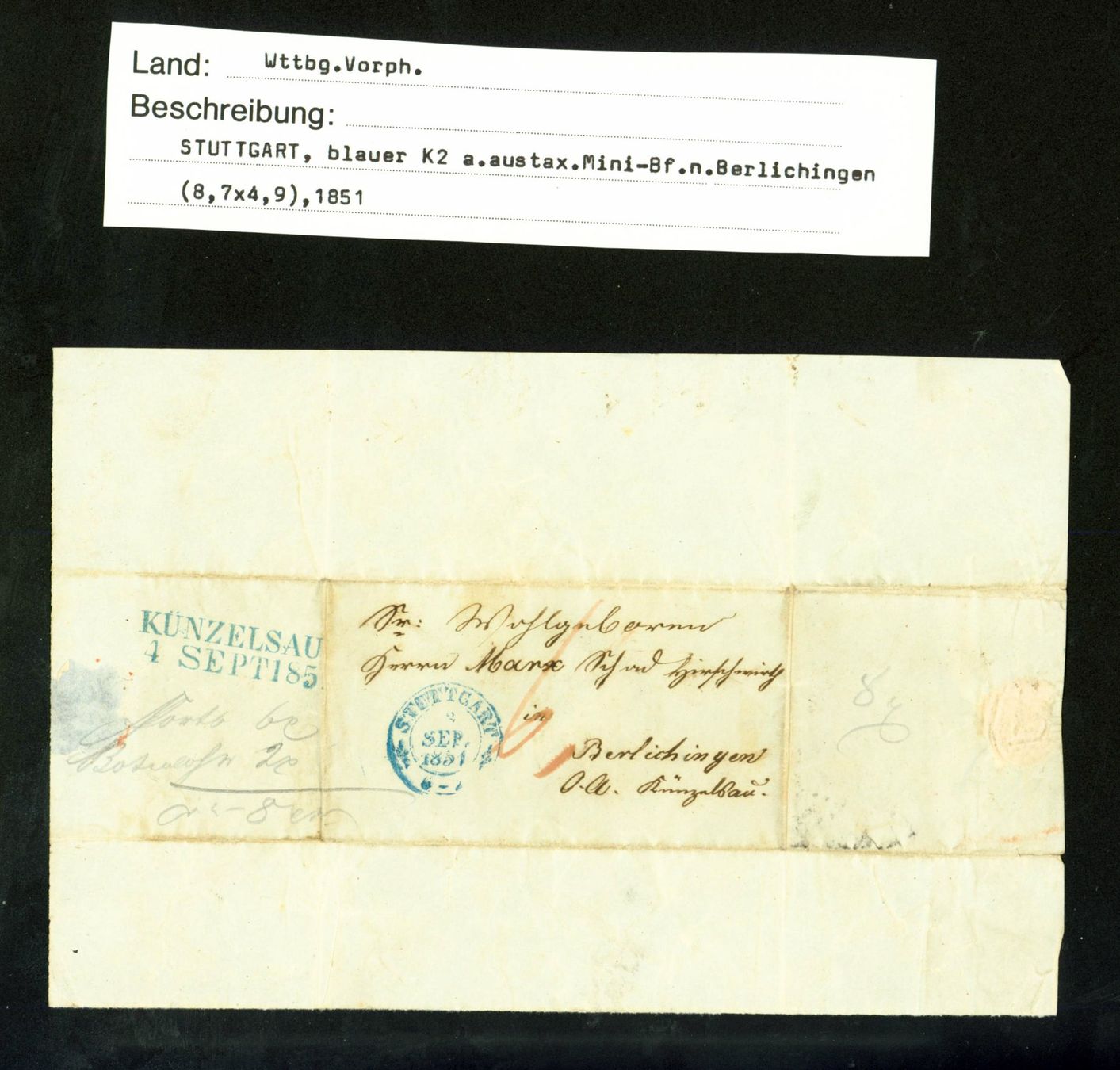 Alle Briefmarken: Vorphilatelie Mini-Brief Wttbg. Stuttgart 1851(AX498) – Gebraucht aus Seuzach von Harri19
