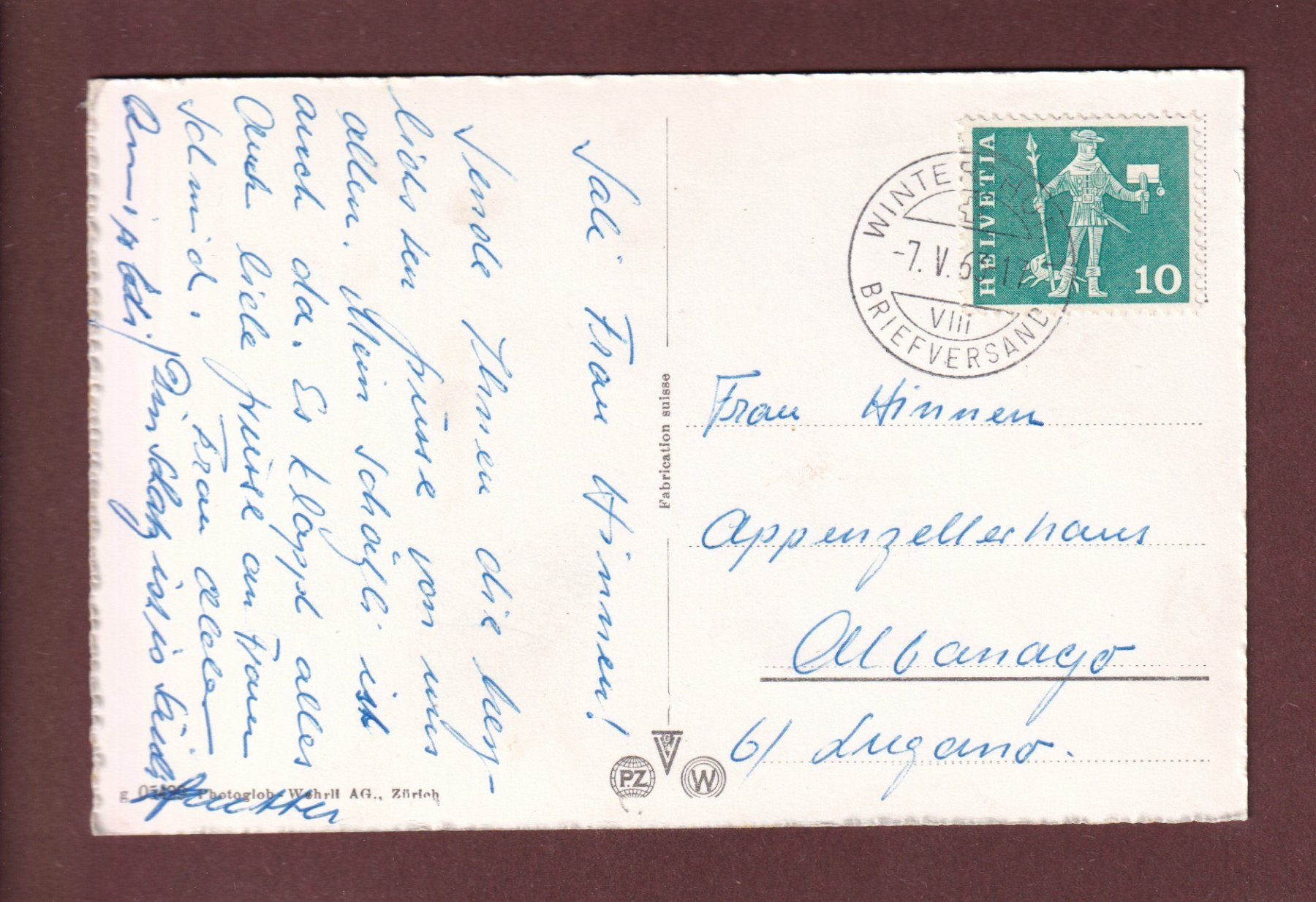 Cartoline postali: WINTERTHUR - Bruderhaus - 1963 – Usato da Pully venduto da nicecards-shop 1