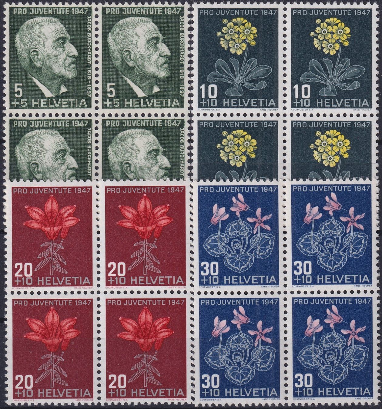 Tutti i francobolli: 1947, J121-124 im Viererblock ** postfrisch, Kat: 28.-+ – Usato da Sursee venduto da Luzernerraute