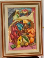 QUADRO PITTURA HAITIANA "Il Mercato", PITTORE RUXAMA, 1975