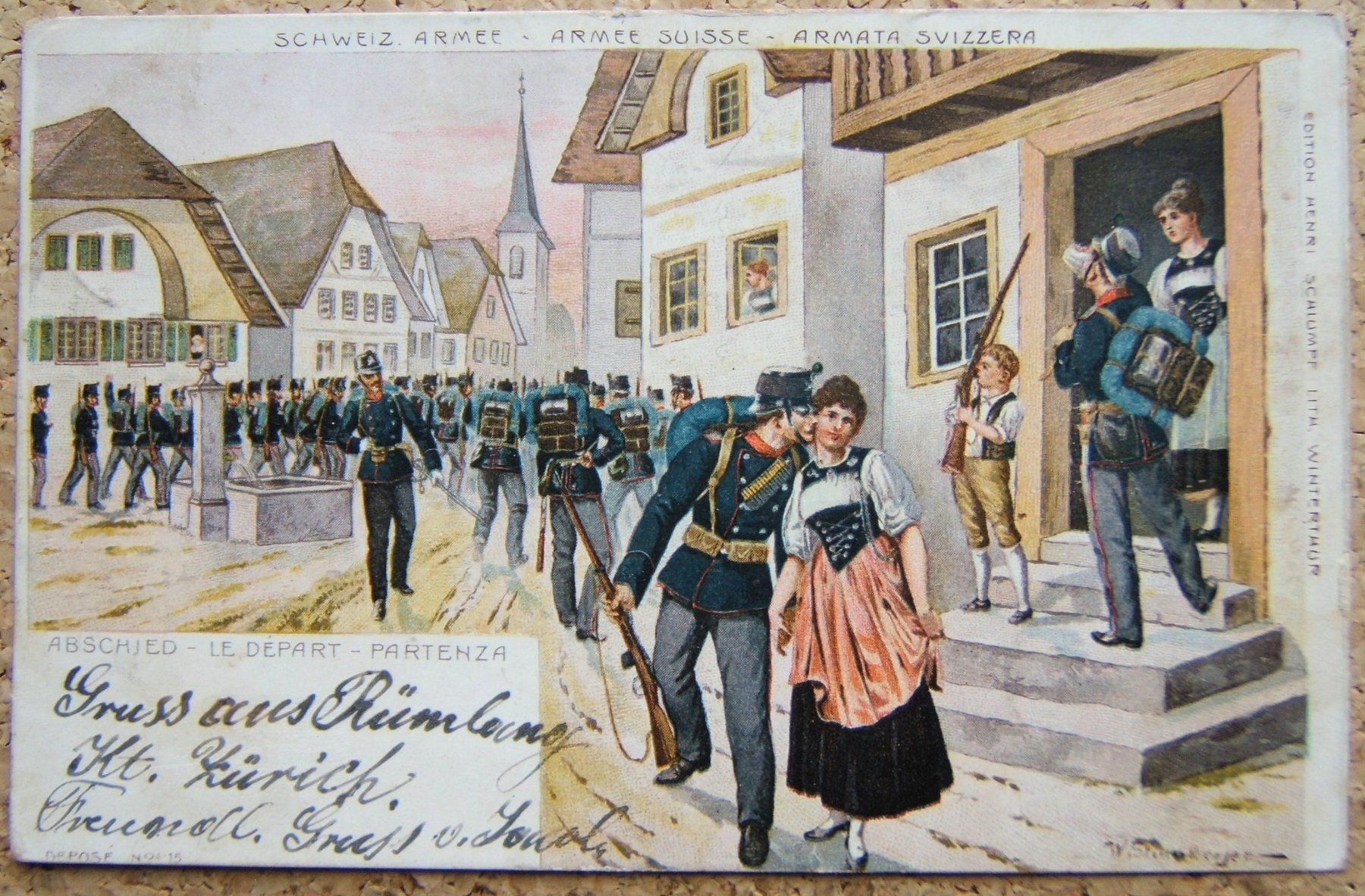 Ansichtskarten: SCHLUMPF LITHO SCHWEIZER ARMEE 1902 - ABSCHIED – Gebraucht aus Brunnen von Nonne04