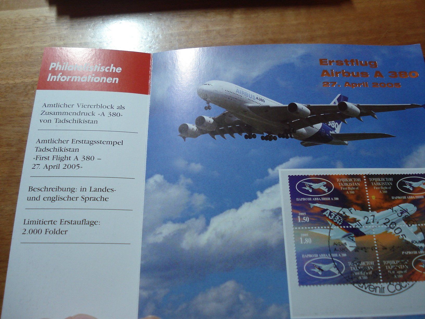 Tous les timbres: Folder Erstflug Airbus A380, 2005. Tadschikistan – D'occasion à Niederwil AG par morostahu 2