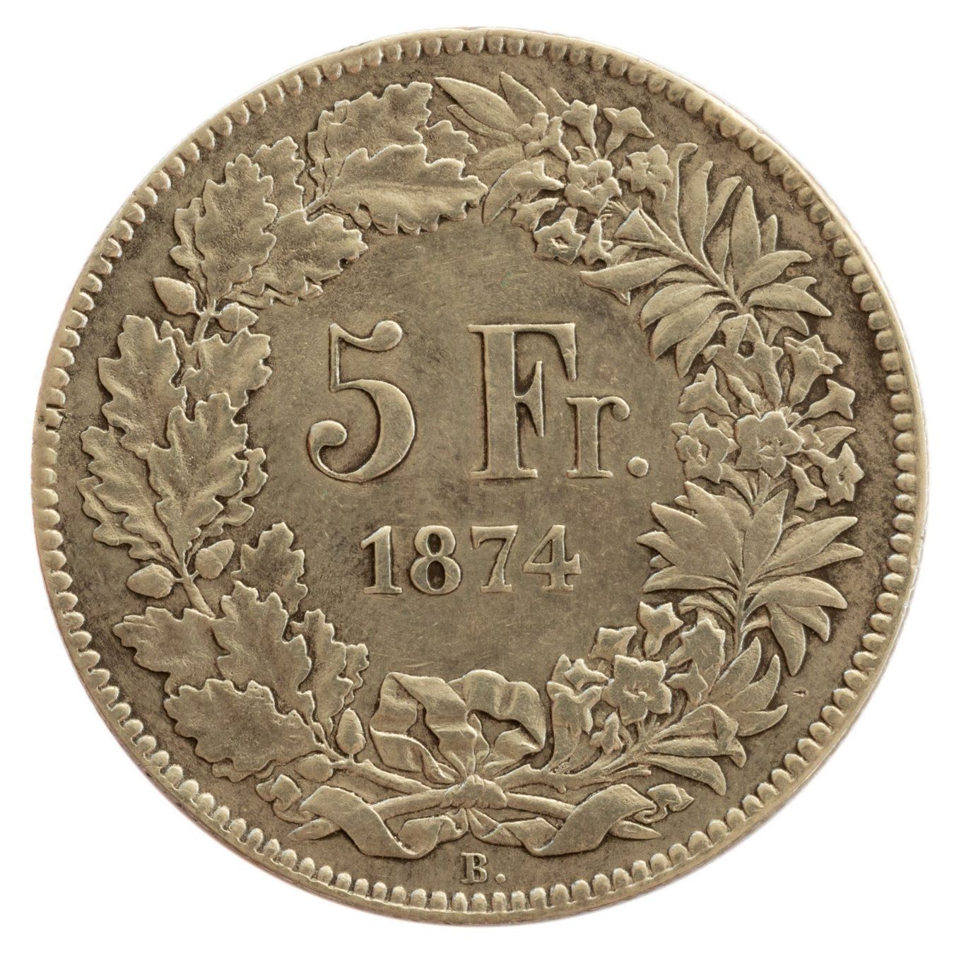 Alle Münzen: Schweiz / Suisse - 5 Franken - 1874 - B. – Gebraucht aus Rotkreuz von Swiss-Coins