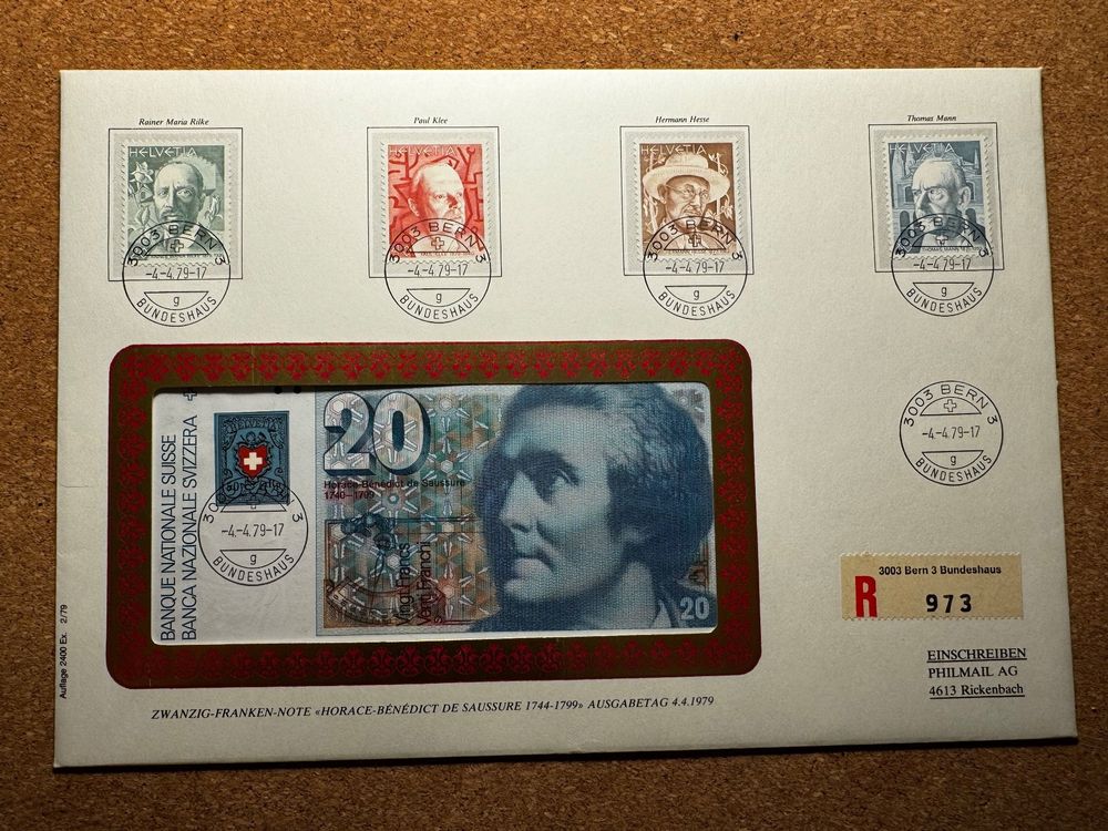 Notenbrief mit Briefmarke, CHF 20, alte Banknote Schweiz (Gebraucht) in ...