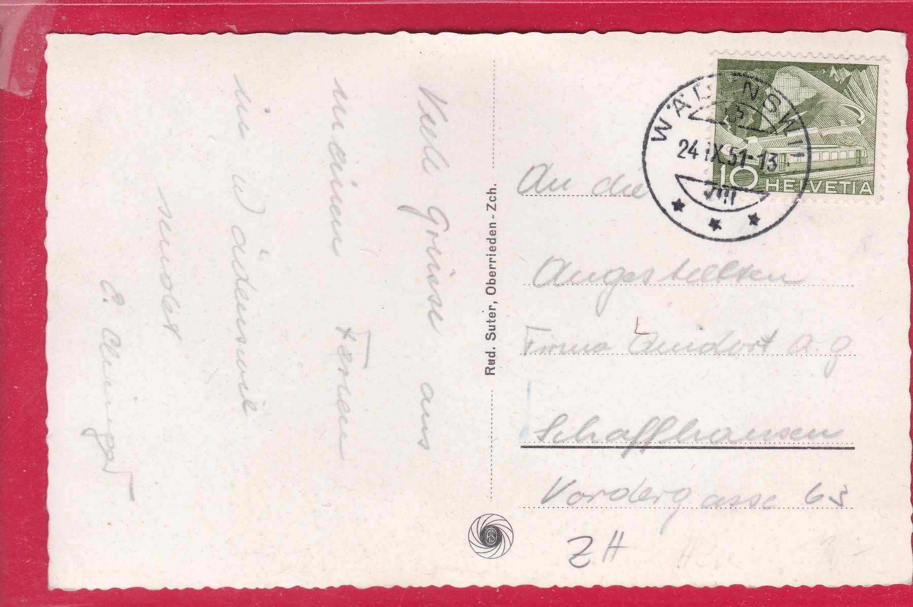 Cartoline postali: WÄDENSWIL, 24.9.1951 – Usato da Oberrieden venduto da Gebirgsstelze 1