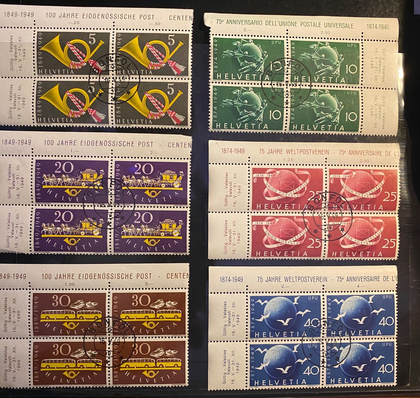 Alle Briefmarken: 1949 Serie VB ET "Bonfol" 100 J. eidg. Post + 75 J. Weltpost – Neu (gemäss Beschreibung) aus Schnottwil von Chasarmar