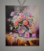 Romantisches Rosenbouquet in Kristallvase, signiert