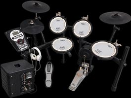 V-Drum Roland TD-11 mit Lautsprecher, Schläger und Stuhl