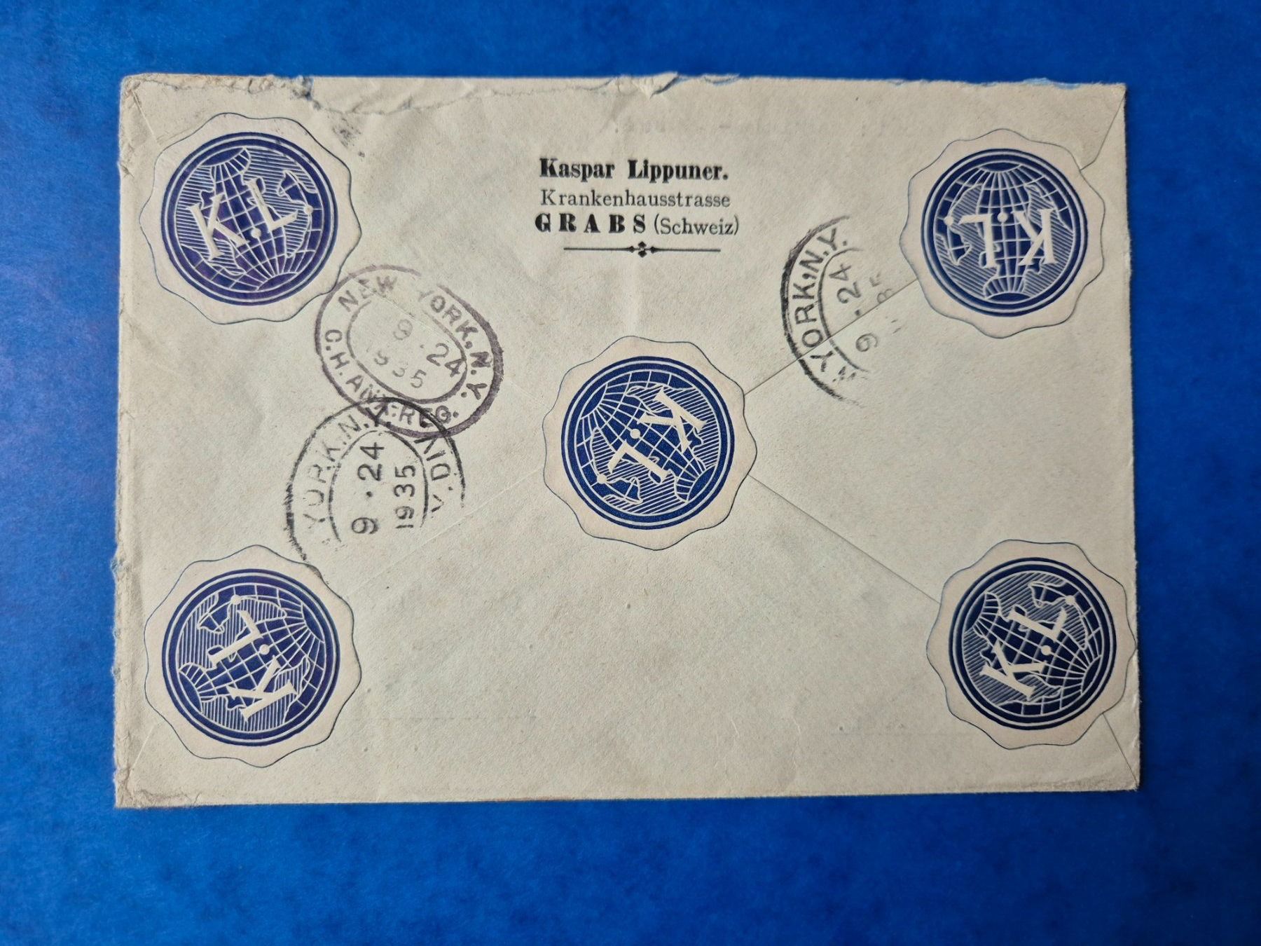 Tutti i francobolli: Luftpostbrief 1935 eingeschrieben  Grabs - New York City – Usato da Seewen SZ venduto da SuperpumaDisplayTeam 1