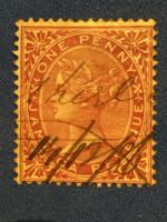 Timbre Jamaïque One Penny rouge oblitéré état moyen