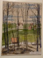 Landschaftsgemälde mit Wald, Bäumen, Wiese und Gebäuden
