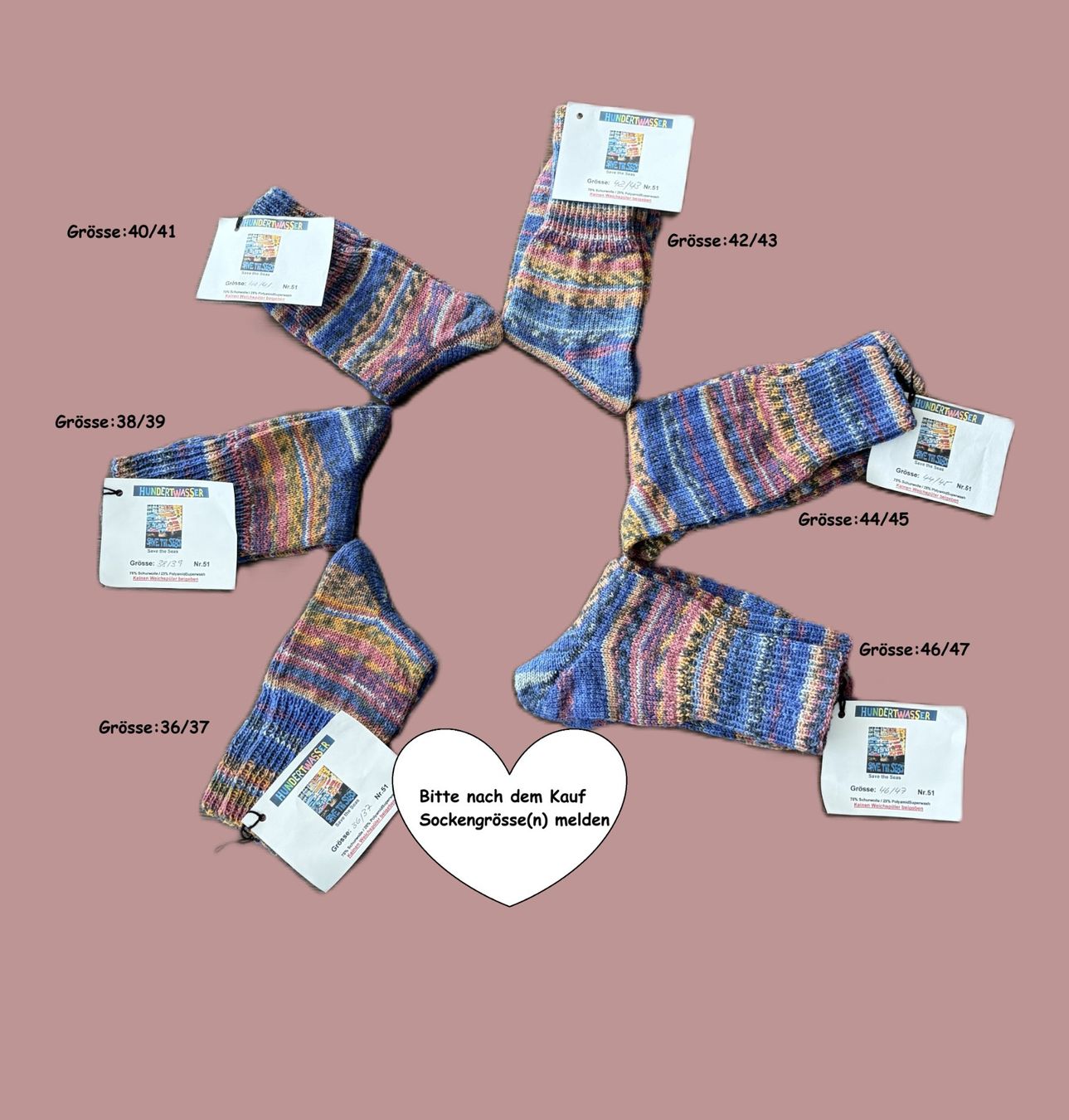 Calze: Handgestrickte "Hundertwasser" Socken verschiedene Grössen – Nuovo e nell'imballaggio originale da Täuffelen venduto da sohalt