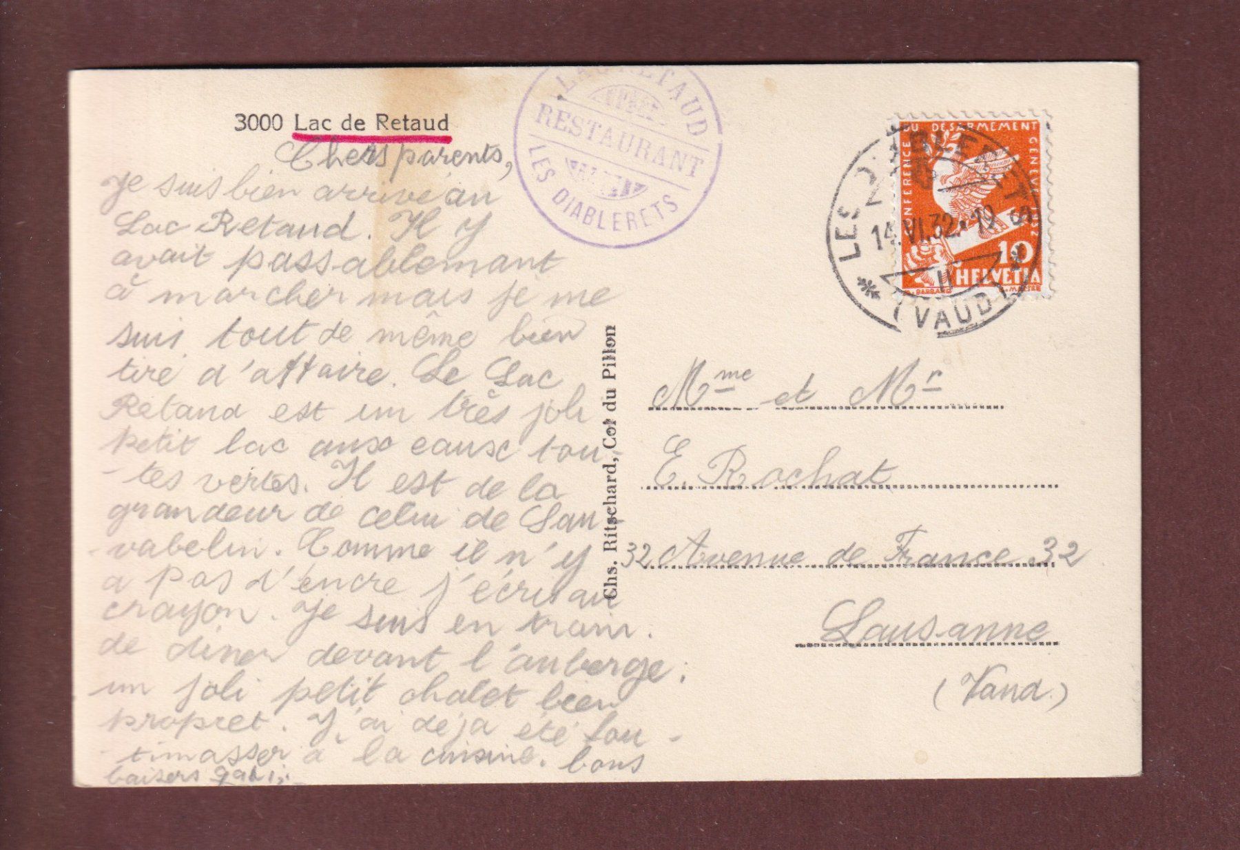 Cartoline postali: LAC RETAUD - 1932 – Usato da Pully venduto da nicecards 1