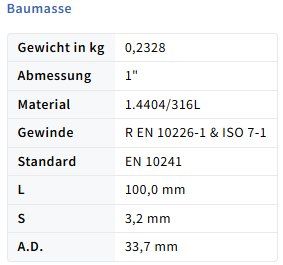 Ferramenta: Rohrdoppelnippel 1" x 100mm – Nuovo e nell'imballaggio originale da Amriswil venduto da SwissFittings 1