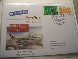 2 Briefe Erstflug 2010, Swiss, Zürich-San Francisco-Zürich
