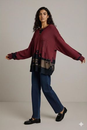 Vintage Carlo Colucci Burgund Grafikpullover mit Stadtlandsc