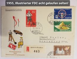B49) 1955, Illustrierter FDC echt gelaufen Kt. 110.-++