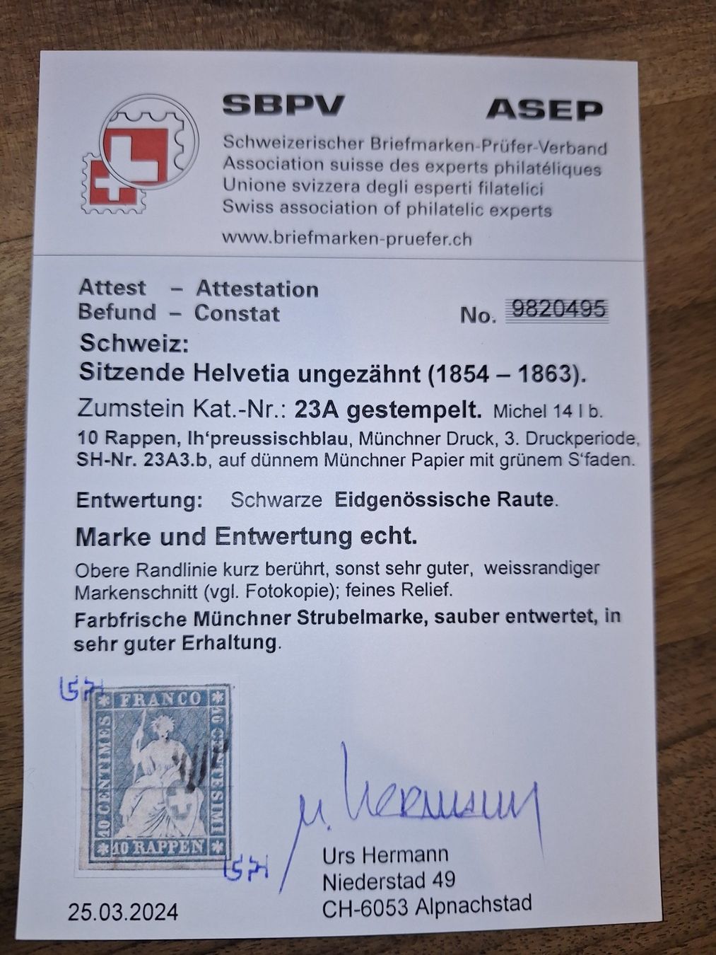 Tutti i francobolli: Strubel 23 A3.b mit Attest – Usato da Balgach venduto da SIMEON27 2