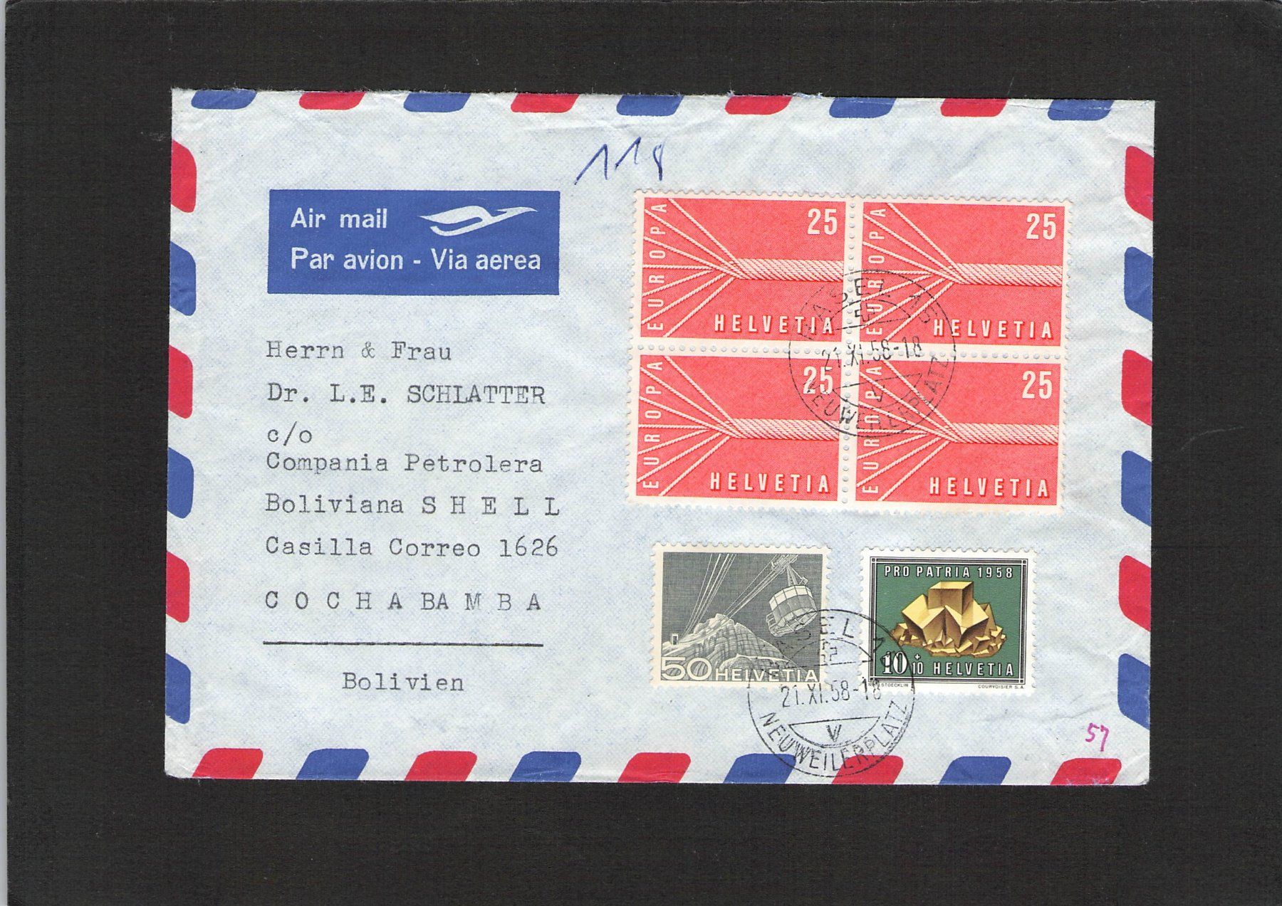 Tutti i francobolli: Flugpost Basel - Bolivien , 21.Xl.1958 – Usato da Reichenburg venduto da Pipo-67