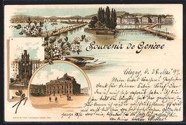 Litho Genf, Brücken-Panorama vom Wasser