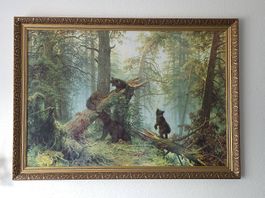 Großes gerahmtes Bild mit Waldmotiv und Bären