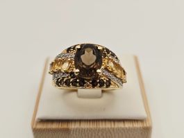 Gold Ring 585 Gold 14KT Rauchquarz Citrin Brillanten Gr 56