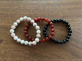 3er Set Armbänder, Edelstein, Karneol, Red Jasper, Onyx