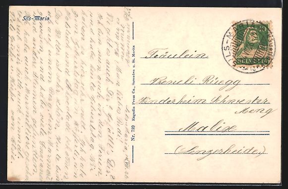 Cartoline postali: Sils-Maria, Totalansicht mit Bergpanoram – Usato da Berlin venduto da bartko-reher 1