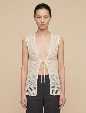 SISLEY Gilet Crochet Écru Sans Manches T. S