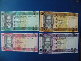 Südsudanische Noten, 4 Stk. 5 bis 50  Pfund 2015/2017, Unc
