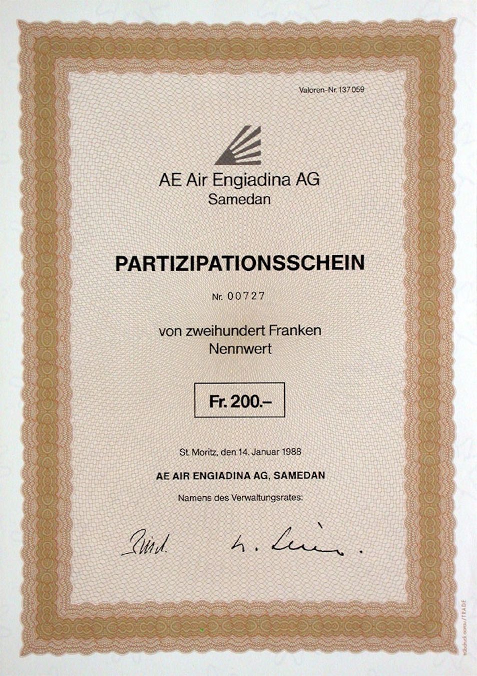 Documenti: AE Air Engiadina AG, St. Moritz - 1988 – Usato da Solothurn venduto da Sgasche