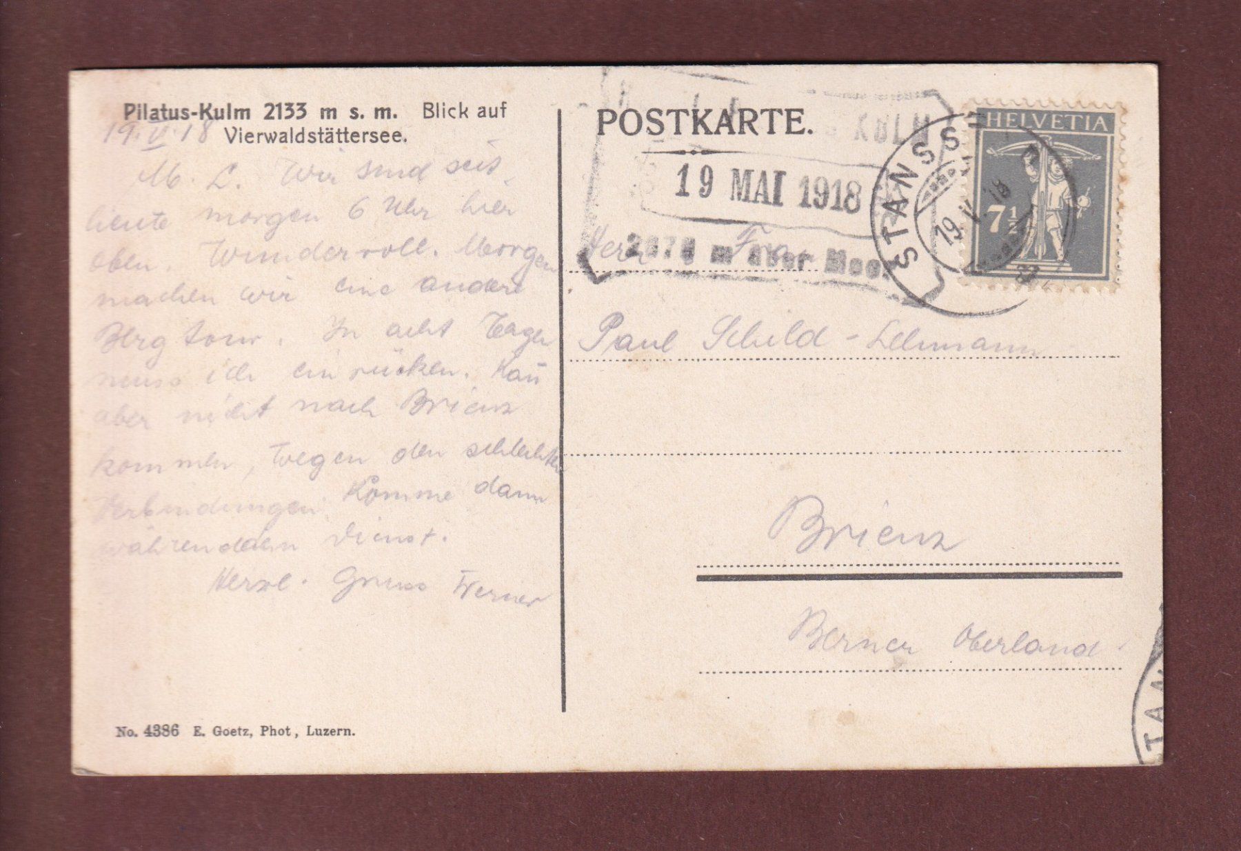 Cartoline postali: PILATUS-KULM - 1918 – Usato da Pully venduto da nicecards 1